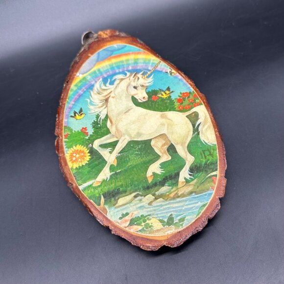 Vintage Unicorn Rainbow Wall Hanging Decor 70s Live Edge Wood Missouri Souvenir - Picture 1 of 9